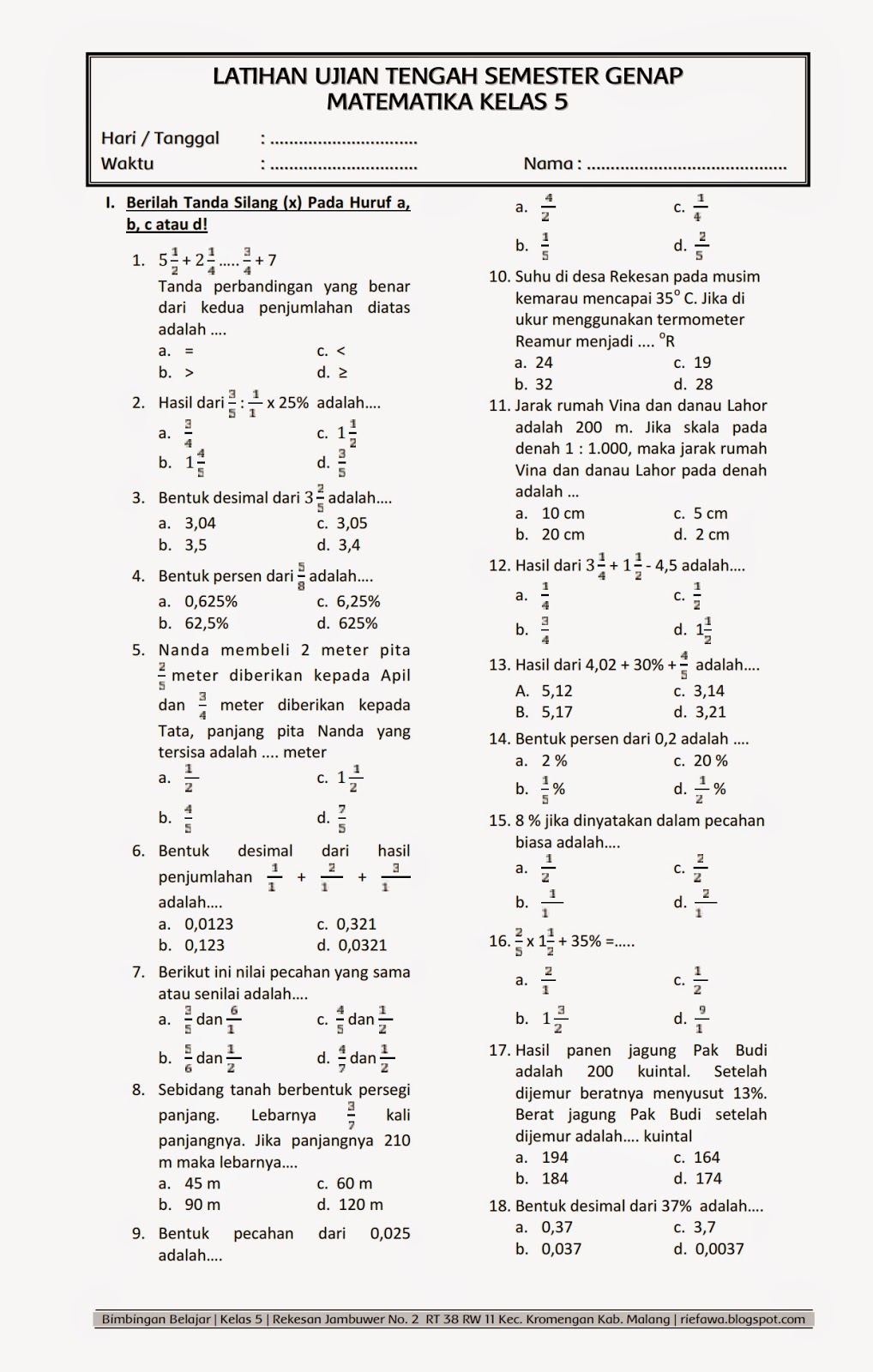 contoh soal kbd kelas v semester 2