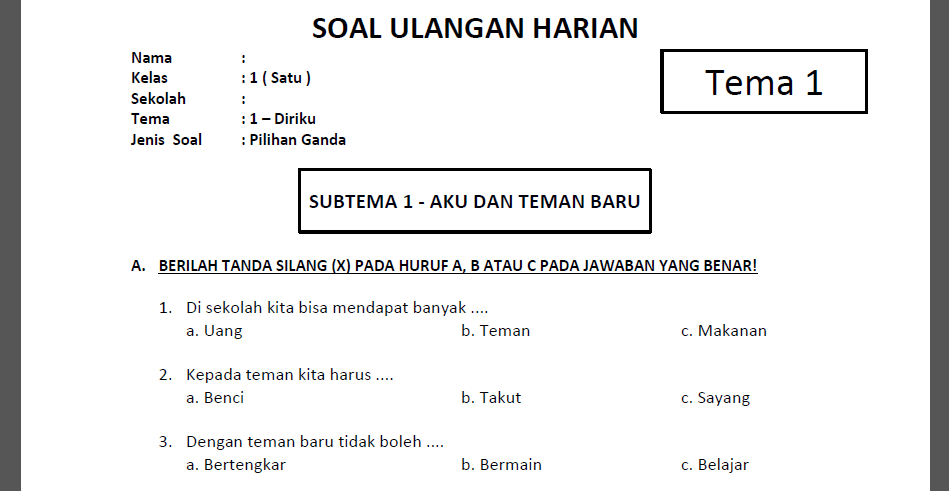 20 Contoh Soal Pilihan Ganda Tema 1 Kelas 1 Kurikulum 2026 yang Sering Muncul di Ulangan Harian
