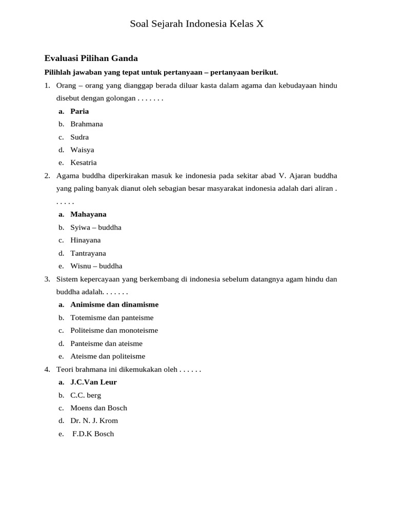 5 Contoh Soal Pilihan Ganda Sejarah Indonesia Kelas X Semester 1 yang Sering Muncul dan Wajib Kamu Kuasai Sebelum Ujian