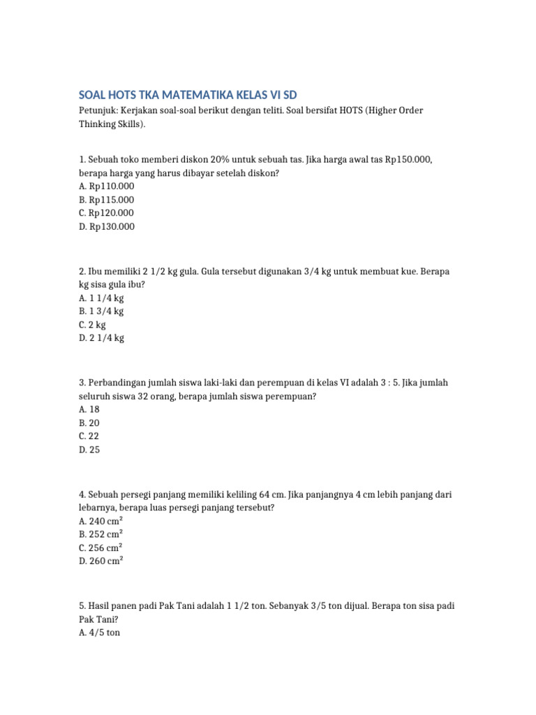 Soal HOTS TKA Matematika Kelas 6 SD PDF