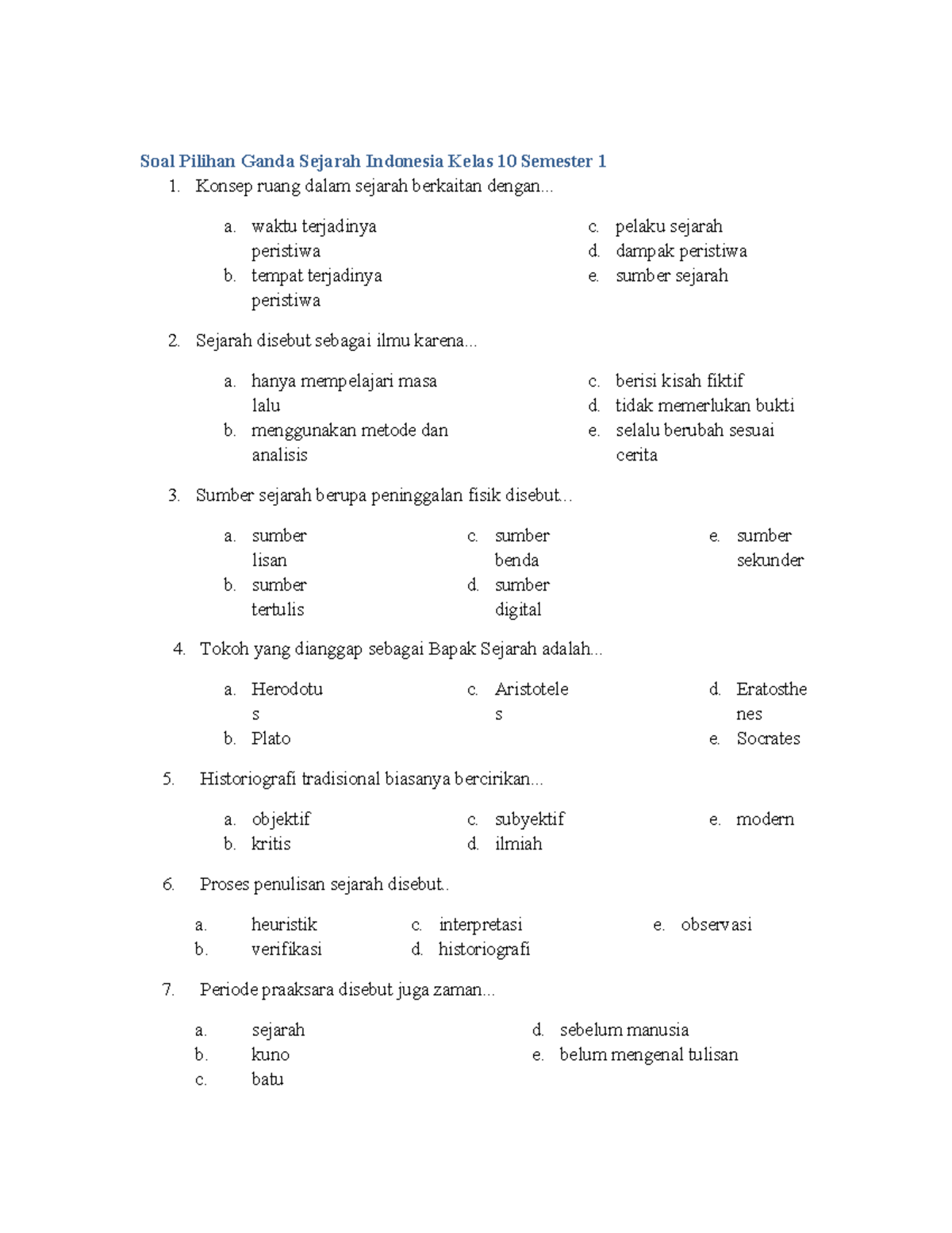 7 Contoh Soal Pilihan Ganda Sejarah Indonesia Kelas 10 Semester 1 yang Wajib Kamu Kuasai di 2026