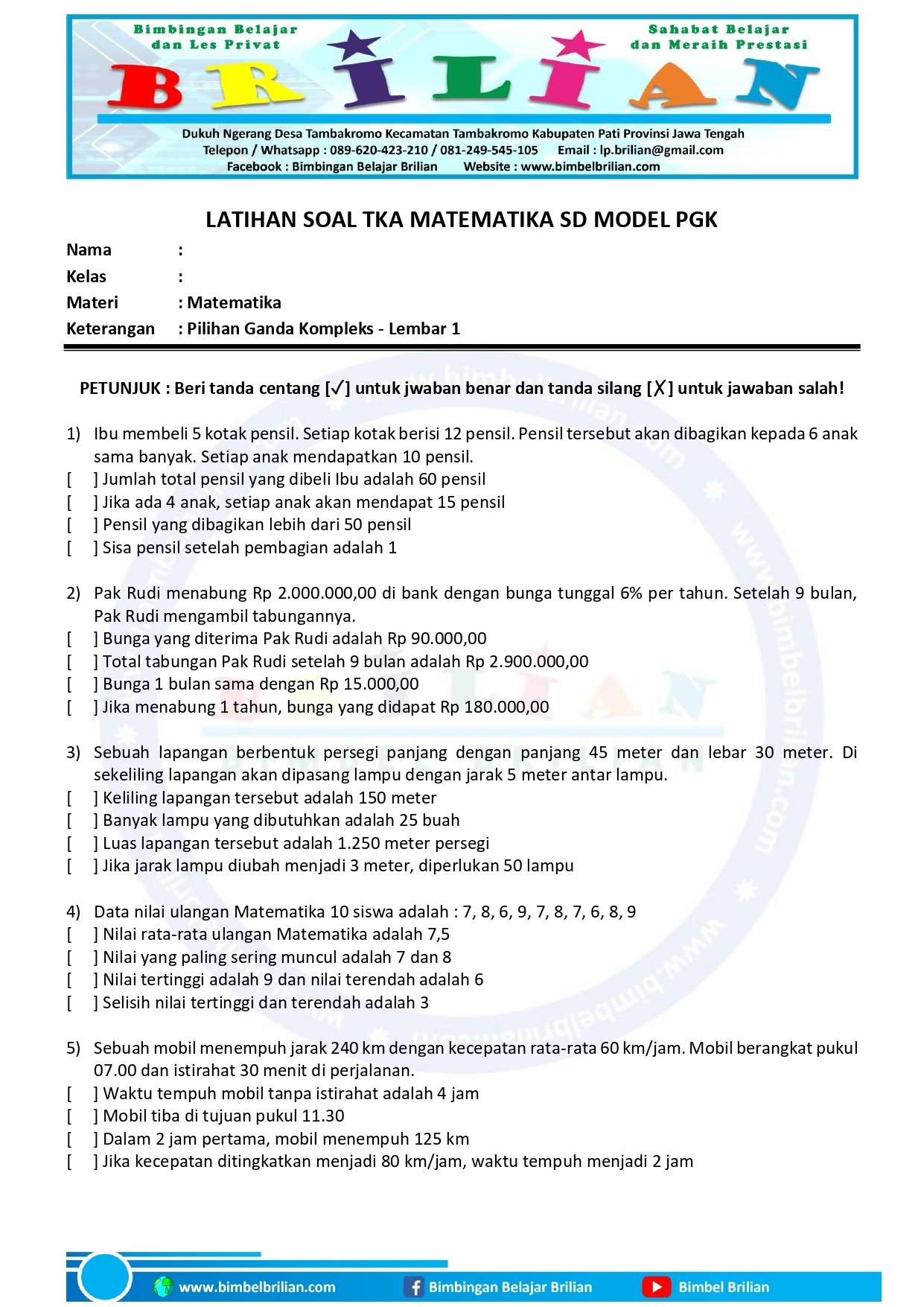 Latihan Soal TKA Matematika SD Model PGK Pilihan Ganda Kompleks