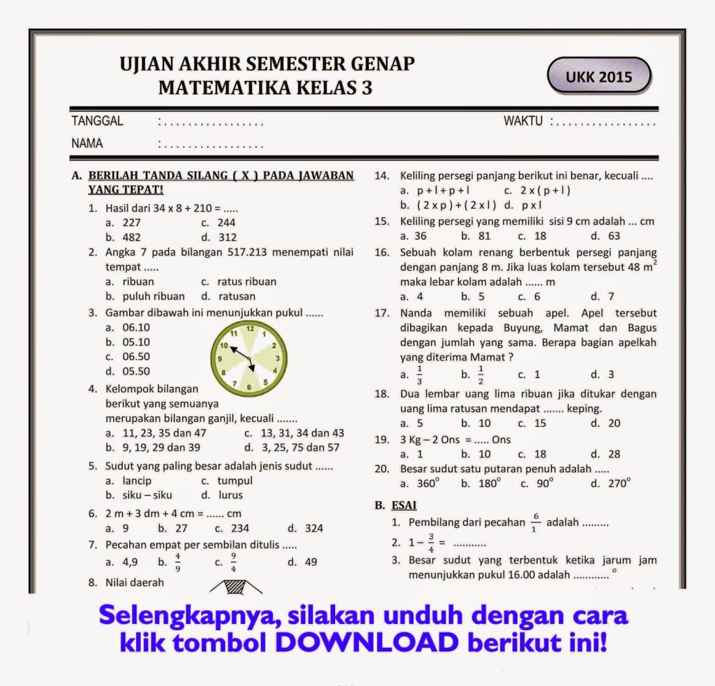 Akhirnya Tersedia 5 Link Download Soal UAS Matematika SD Kelas 3 Semester 2 Tahun 2026 yang Wajib Dimiliki