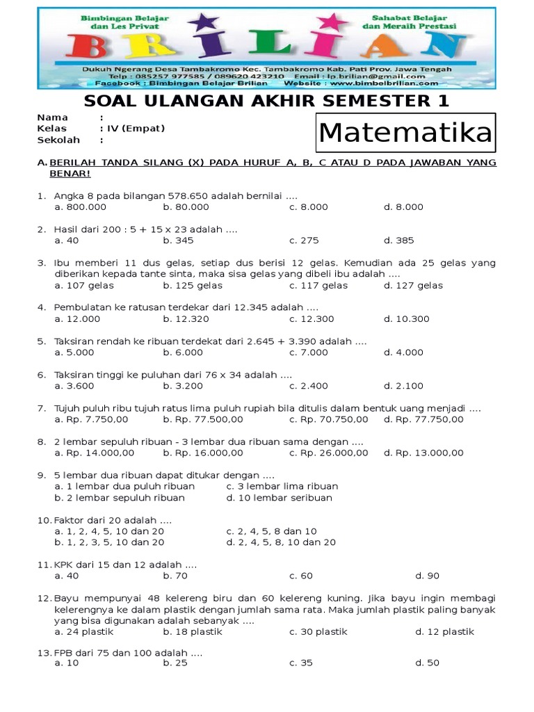Efektif! 7 Latihan Soal UAS Matematika Kelas 4 SD Semester 1 yang Jarang Diketahui