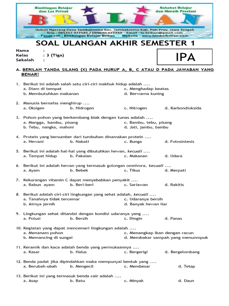 Inilah 7 Contoh Soal Pilihan Ganda PTS Semester 1 Kelas 3 yang Wajib Dikuasai Sebelum Ujian Dimulai