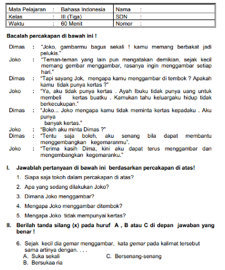 contoh soal kelas 3 sd semester 2 makassar