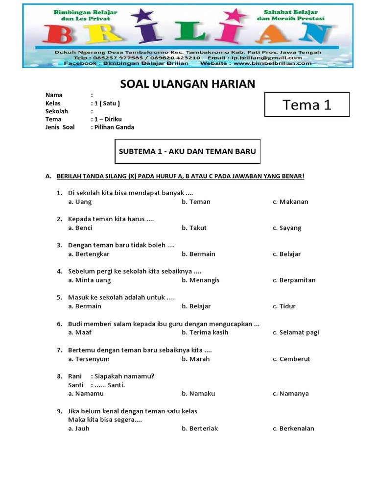 Soal Pilihan Ganda Kelas 1 SD PDF