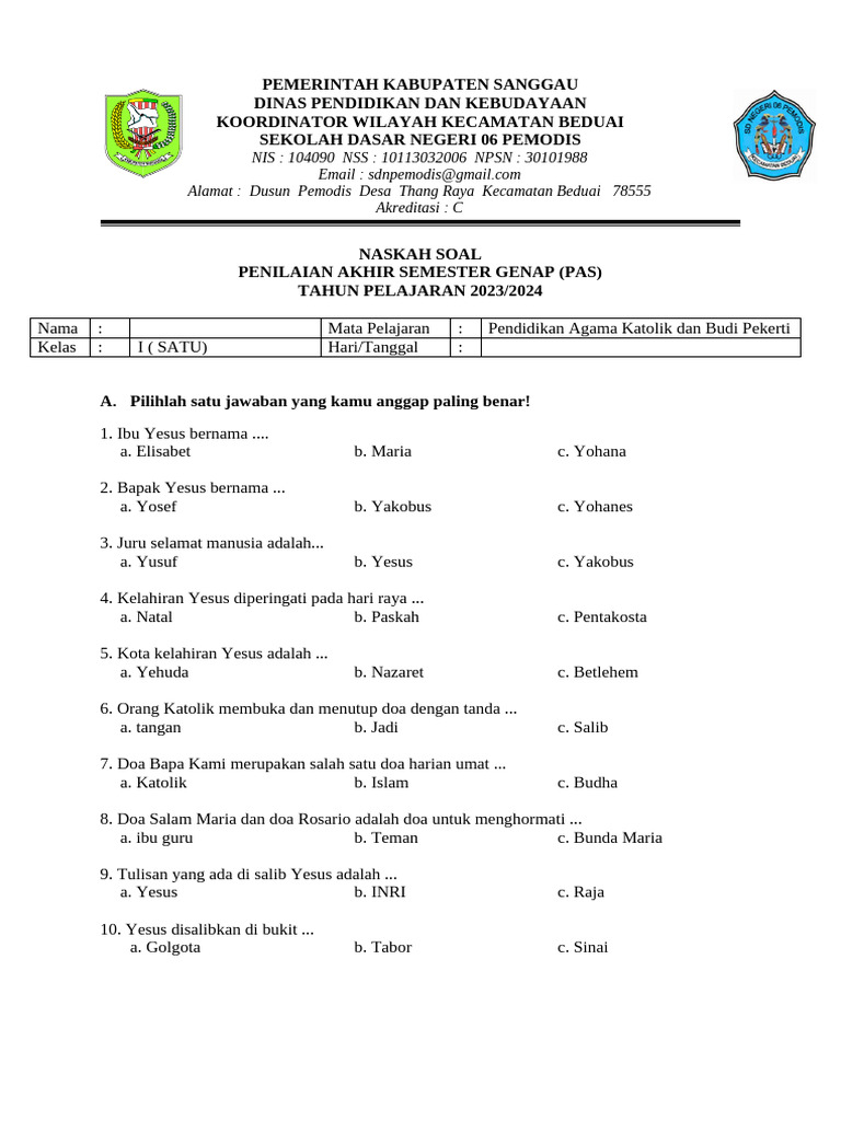 Kumpulan Soal Agama Katolik SMP Kelas 1 Semester 2 Paling Akurat untuk Persiapan Ujian Kumpulan Soal Agama Katolik SMP Kelas 1 Semester 2 Paling Akurat untuk Persiapan Ujian