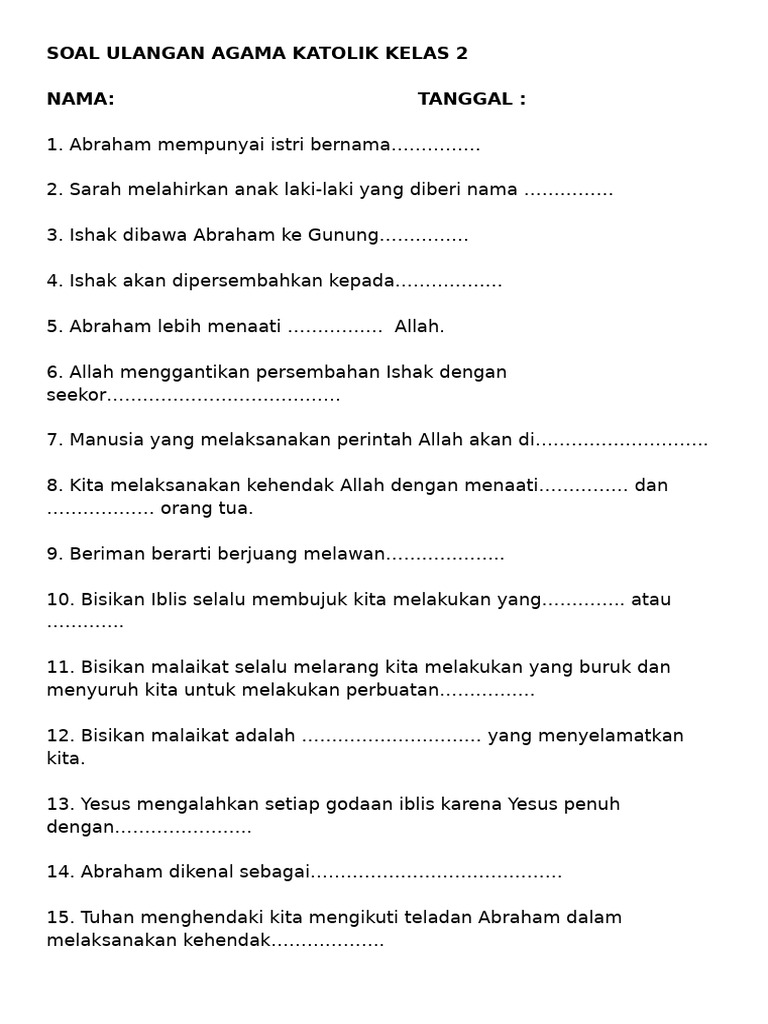 Kumpulan Soal Agama Katolik UAS 1 Kelas 2 SD Terbaru Agar Nilai Anak Sempurna