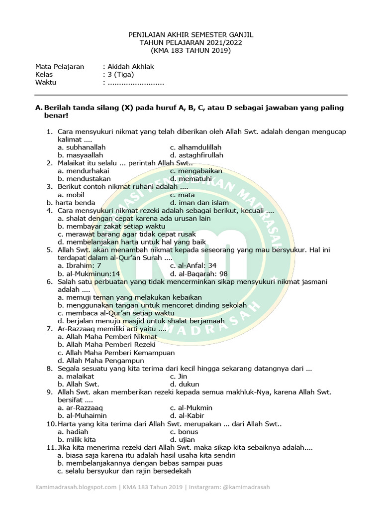 Kumpulan Soal Aqidah Akhlak Kelas 3 SD Semester 1 Terlengkap Agar Anak Langsung Bisa