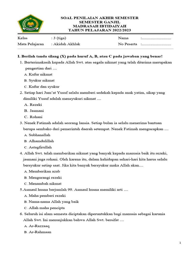 Latihan Soal Aqidah Akhlak Kelas 7 Semester 1 K13 Terbaru Ternyata Sangat Penting Latihan Soal Aqidah Akhlak Kelas 7 Semester 1 K13 Terbaru Ternyata Sangat Penting