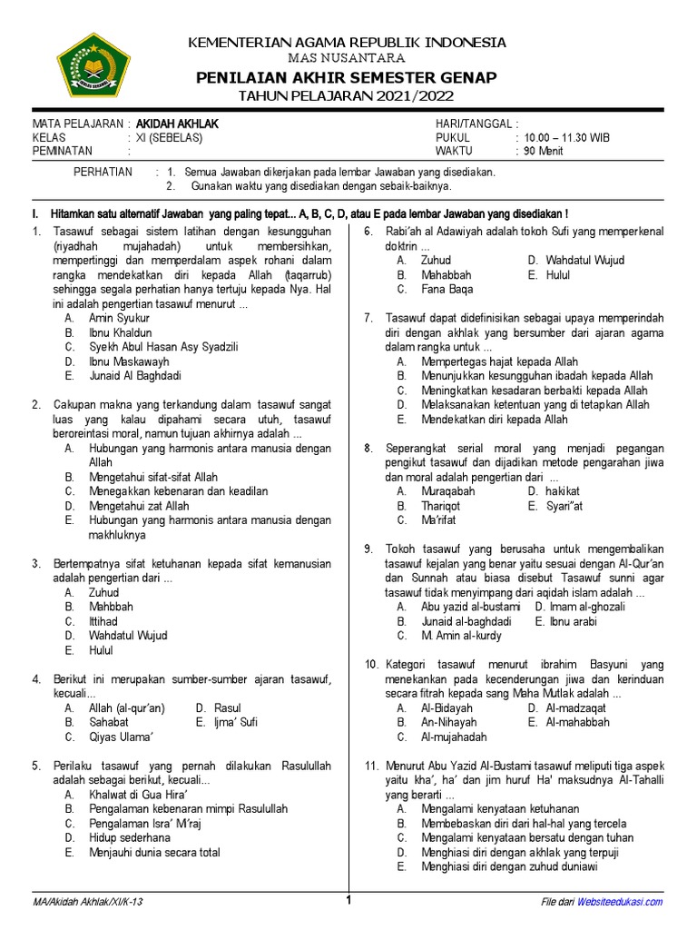 Lengkap dan Akurat Soal Aqidah Akhlak Kelas 11 Semester 1 Beserta Jawabannya Terbaru Lengkap dan Akurat Soal Aqidah Akhlak Kelas 11 Semester 1 Beserta Jawabannya Terbaru