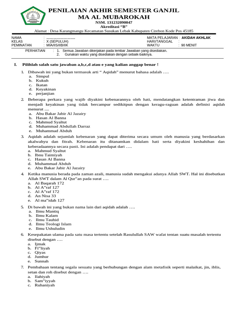 Rahasia Lulus Nilai Sempurna Soal Aqidah Akhlak Kelas 10 Semester 1 Madrasah Aliyah