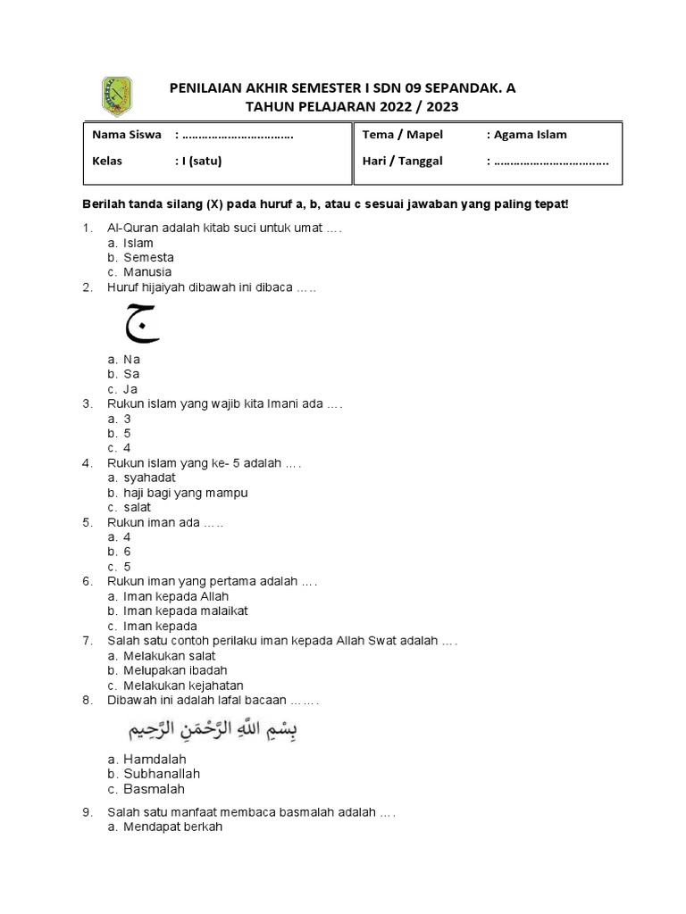 Terbukti! 7 Contoh Soal Agama Islam Kelas 1 SD Semester 1 PTS yang Wajib Diketahui