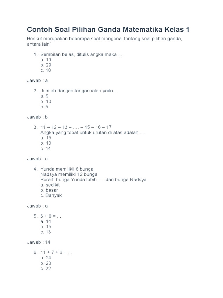 Asah Kemampuan Matematika Si Kecil Kumpulan Contoh Soal Pilihan Ganda