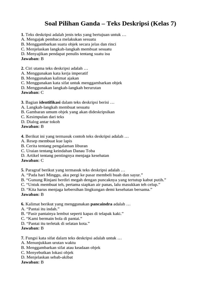 Ternyata Ini Dia Contoh Soal Pilihan Ganda Teks Deskripsi Kelas 7 Semester 1 Yang Sering Muncul Di Ujian